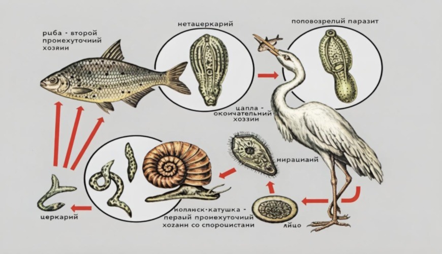 Postodiplostomum cuticola жизненный цикл развития возбудителя постодиплостомоза